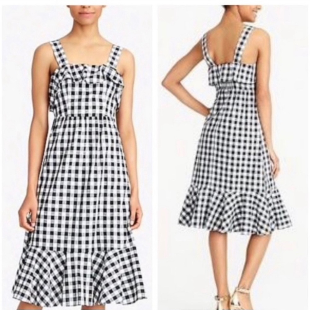 Black & White Gingham Midi Dress with Ruffle Hem